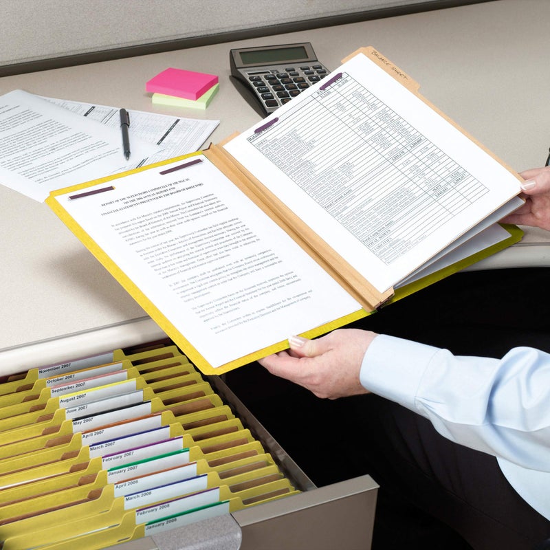 Smead Pressboard Classification File Folder with SafeSHIELDÂ® Fasteners, 3 Dividers, 3" Expansion, Letter Size, Yellow, 10 per Box (14098) (Pack of 1) - Image 3